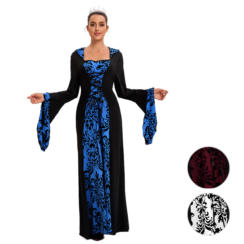 Medieval Hooded Swing Dress Costume Printed Retro Long Sleeves