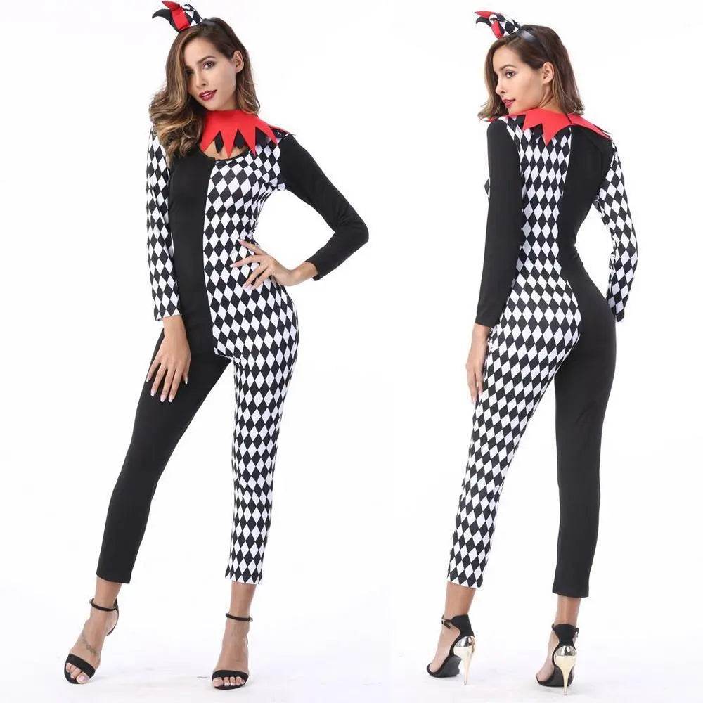 Adult Women Circus Clown Harlequin Jester Halloween Costume Jumpsuit - Ecosfun