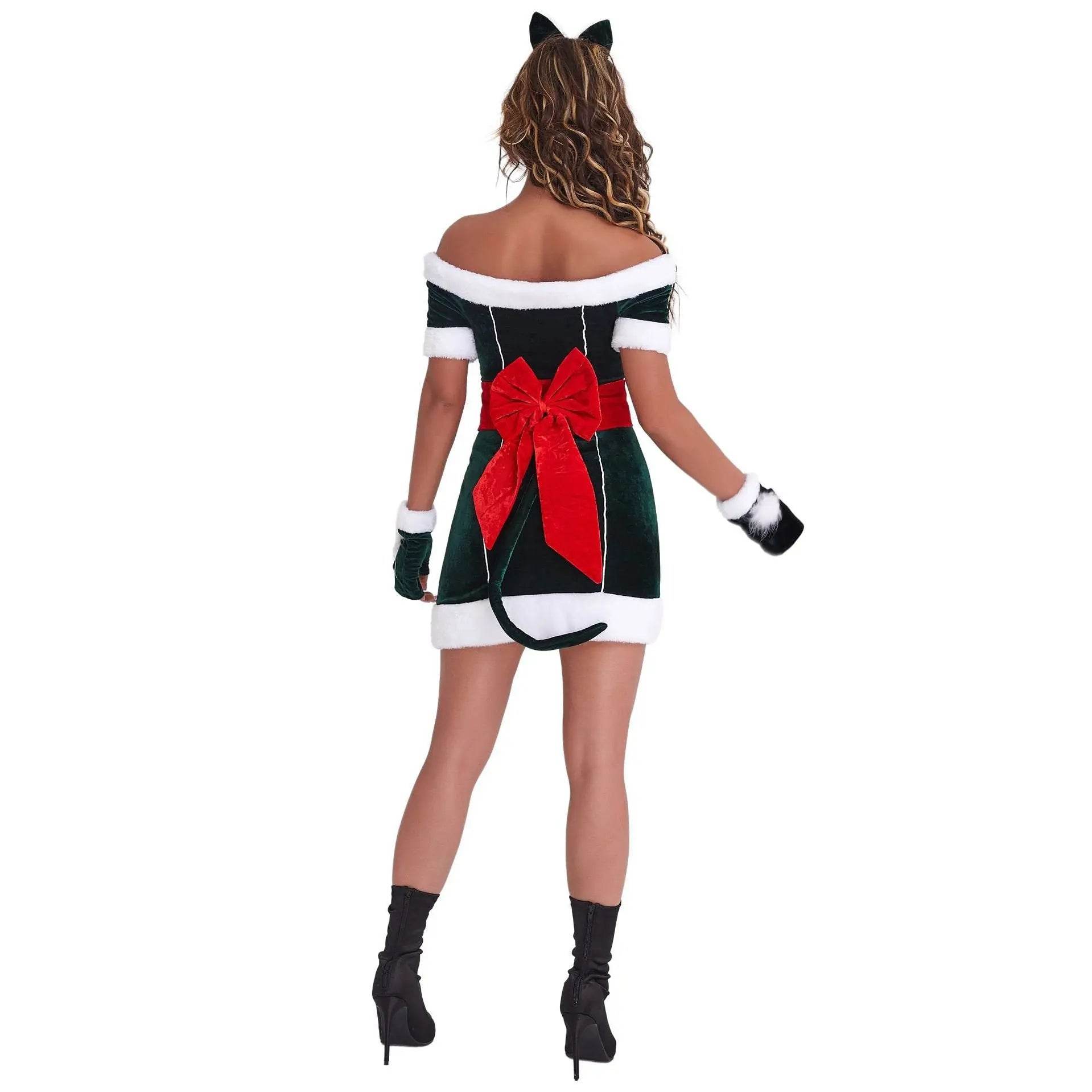 Christmas Off Shoulder Cute Cat Costumes Party Dress - Ecosfun