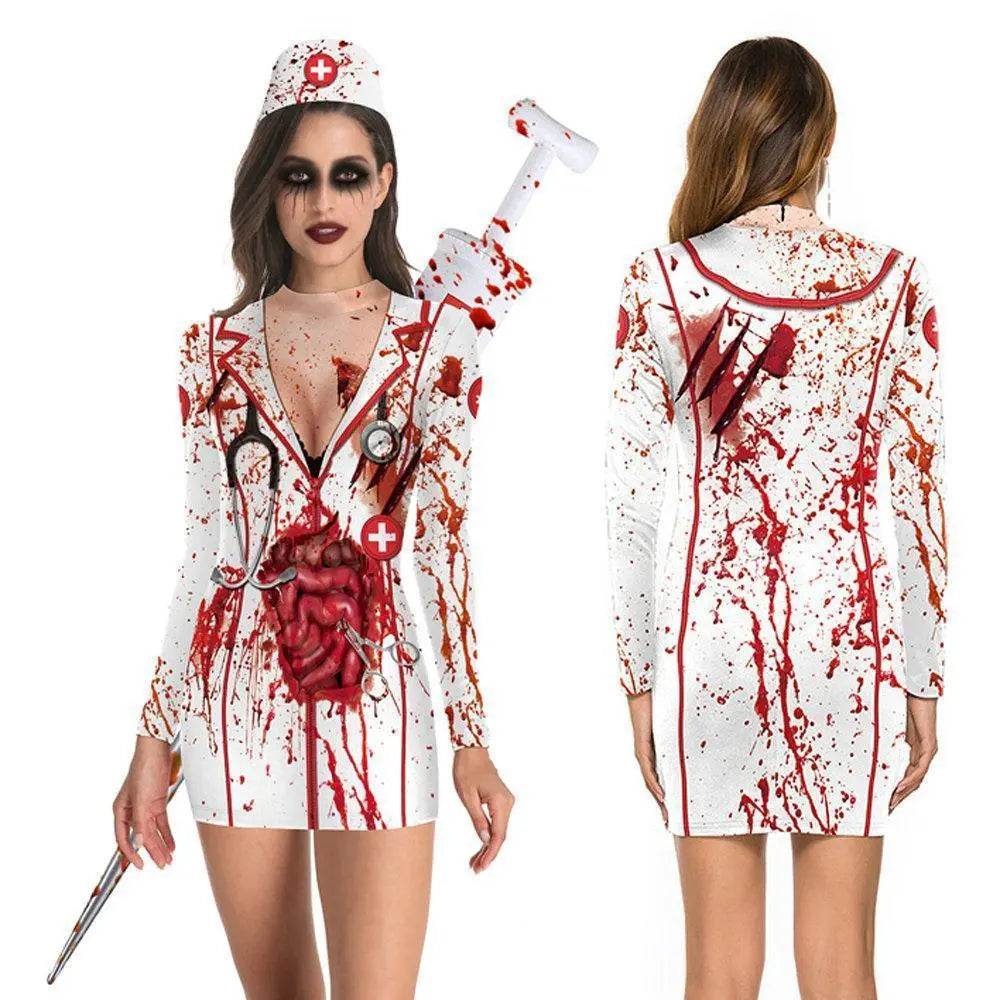 Halloween Nurse Blood Dress Cosplay Costume For Women - Ecosfun