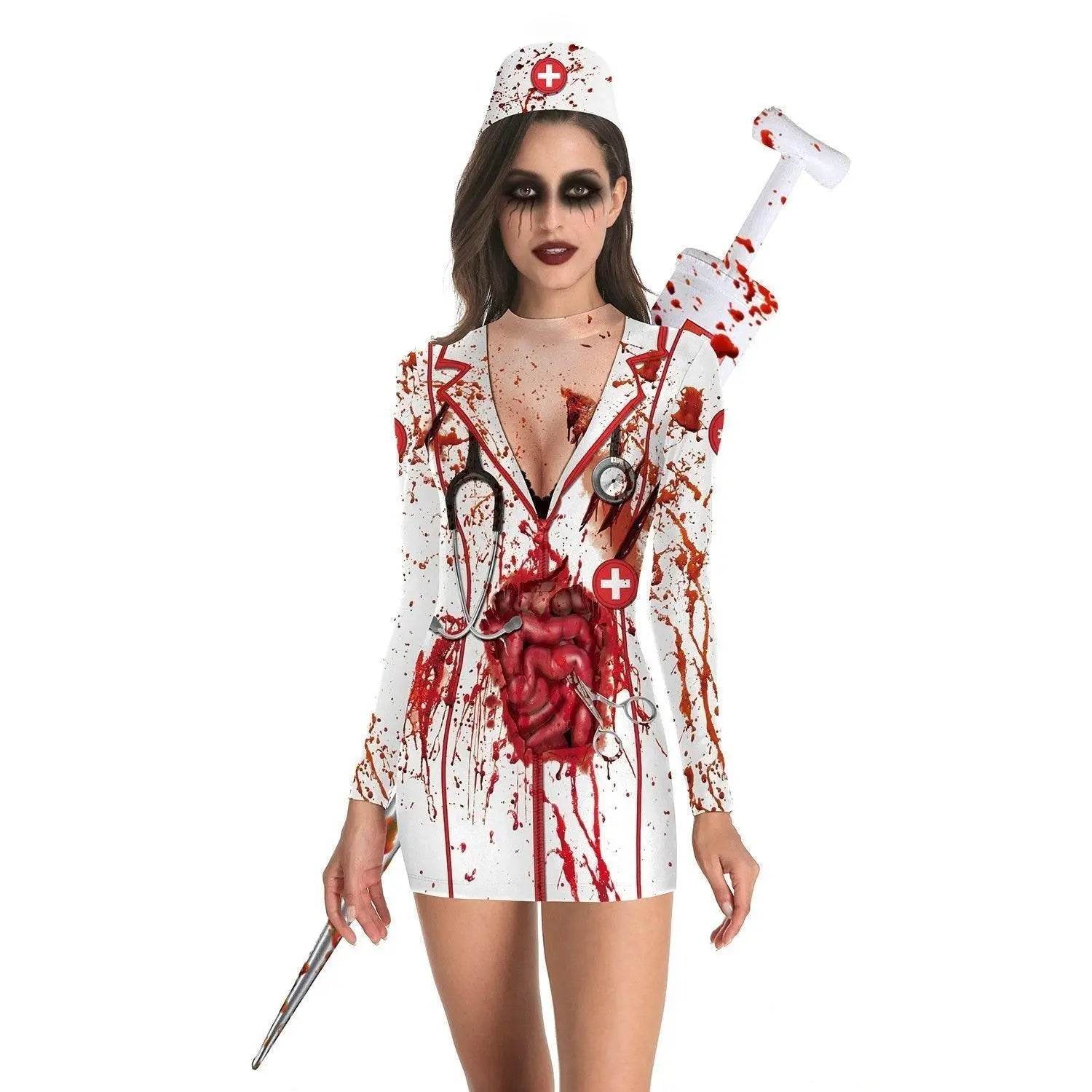 Halloween Nurse Blood Dress Cosplay Costume For Women - Ecosfun