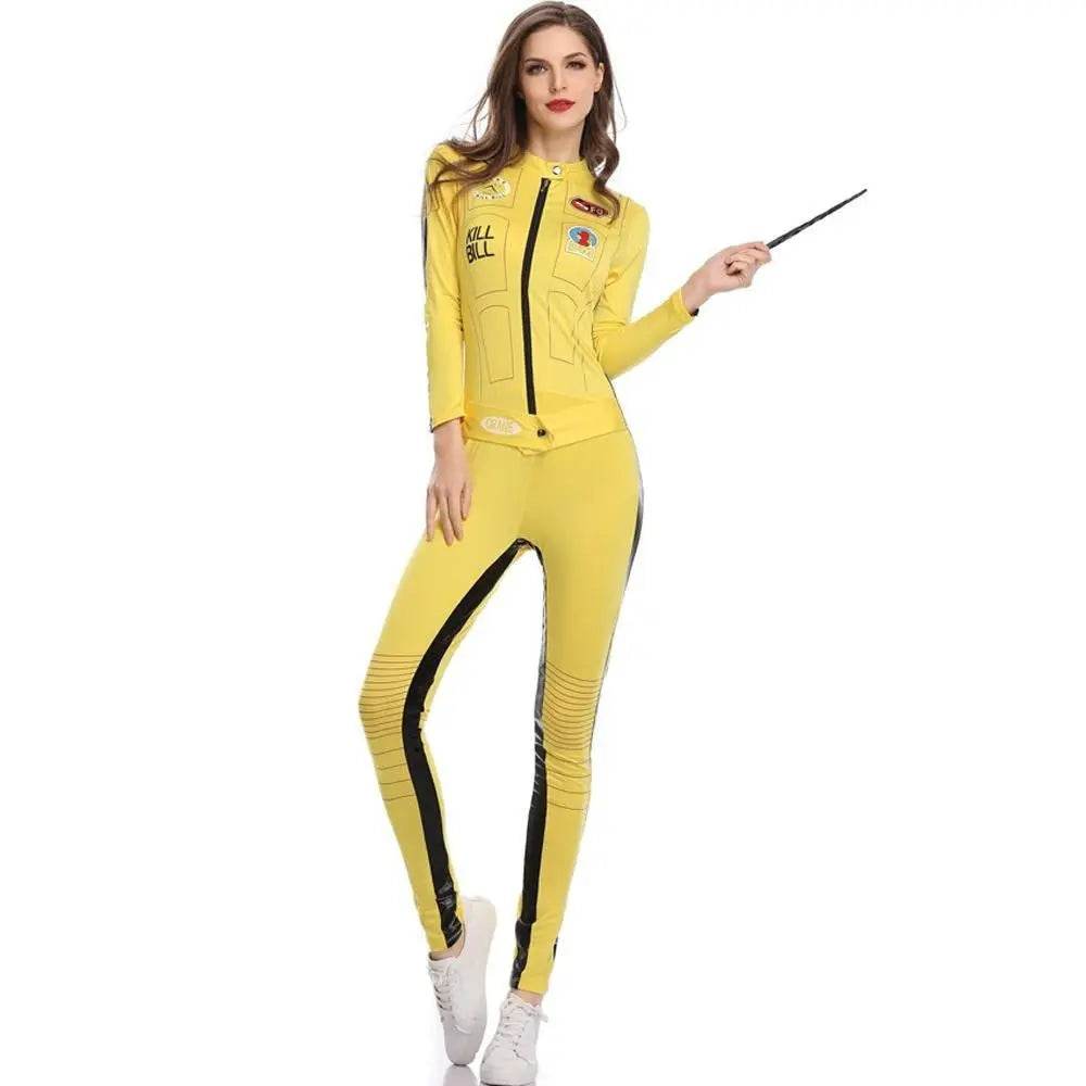 Kill Bill Cosplay Costume Yellow Bodycon Jumpsuit Motorcycle Night Club Racer Zentai Suits for Women - Ecosfun