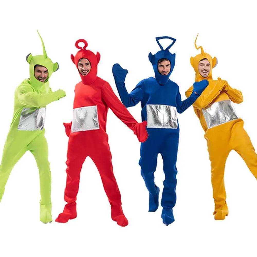 Teletubbies Pajamas Tinky Winky Dipsy Po Laa-Laa Coral Fleece Pajamas Onesies for Adults - Ecosfun