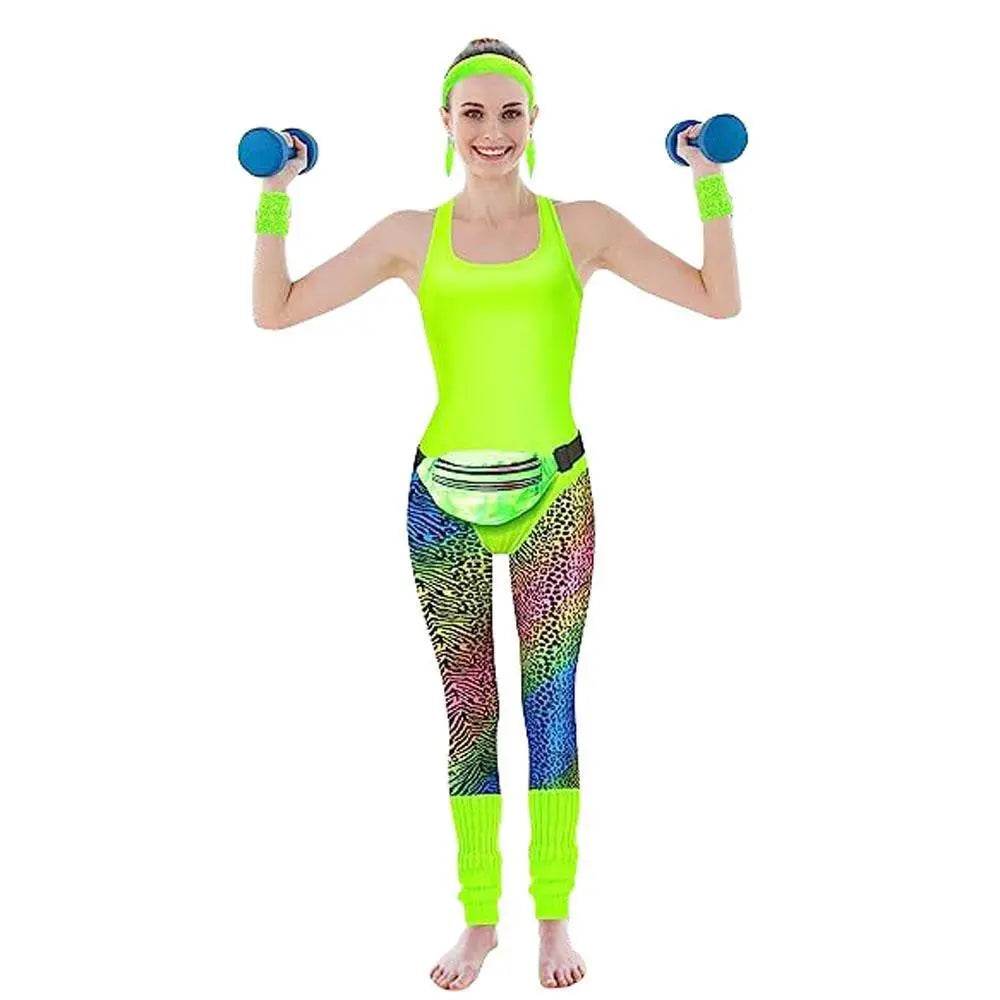Women Robbie 80s Workout Costume Fancy Dress Halloween Fanny Pack Wristband Earrings - Ecosfun