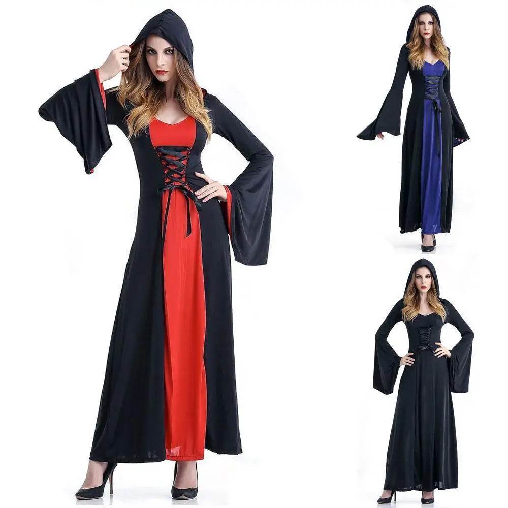 Women's Medieval Vintage Demon Hooded Witch Dress Cosplay Costume Halloween Renaissance Gothic - Ecosfun