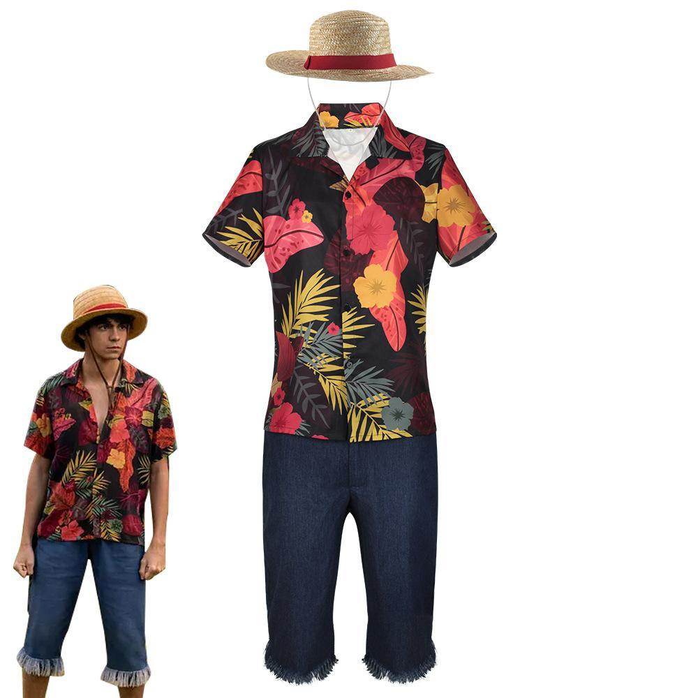 one picece luffy costume live floral shirt Anime Cosplay with straw hat - Ecosfun
