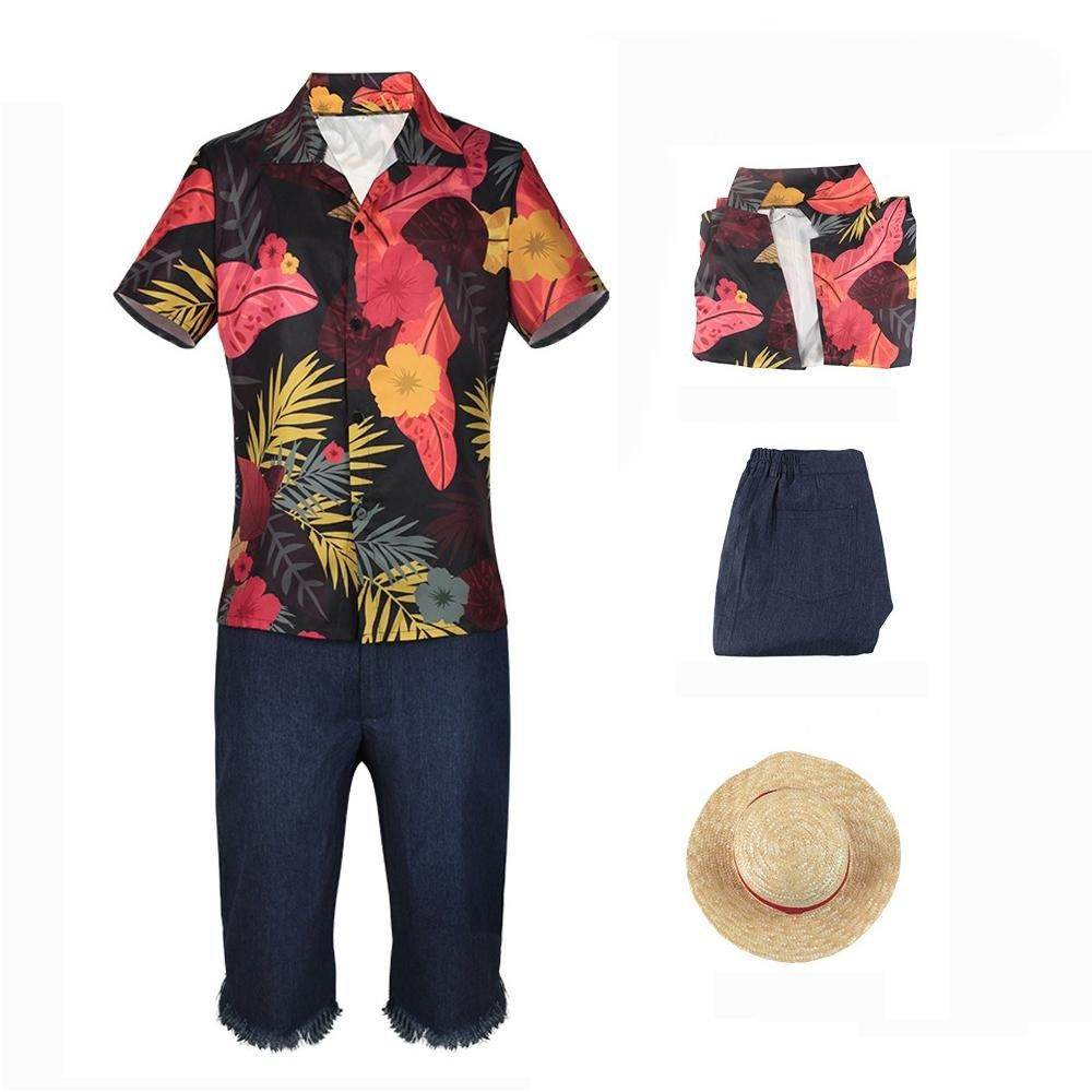 one picece luffy costume live floral shirt Anime Cosplay with straw hat - Ecosfun