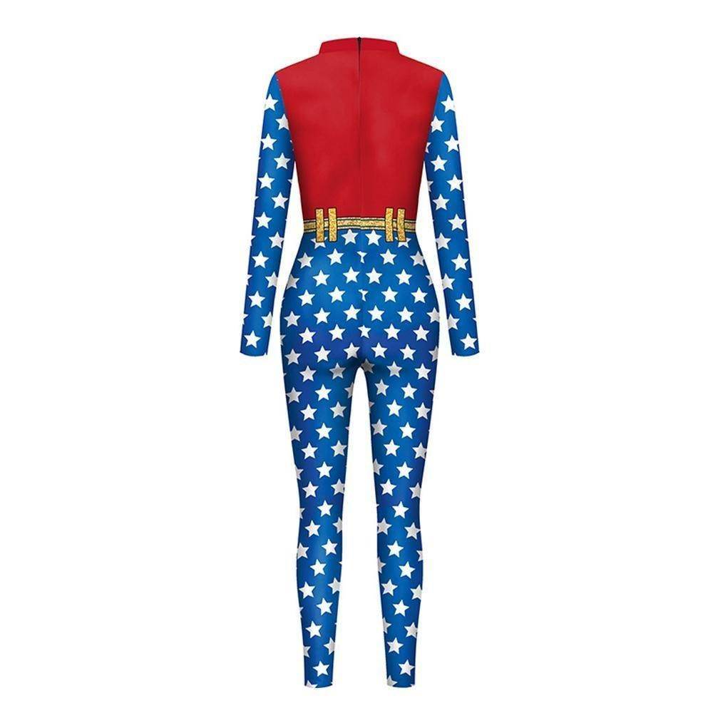 Superhero Wonder Woman Cosplay Costume Halloween Printed Jumpsuit Slim Fit Long Sleeve Party Outfit for Women - Ecosfun
