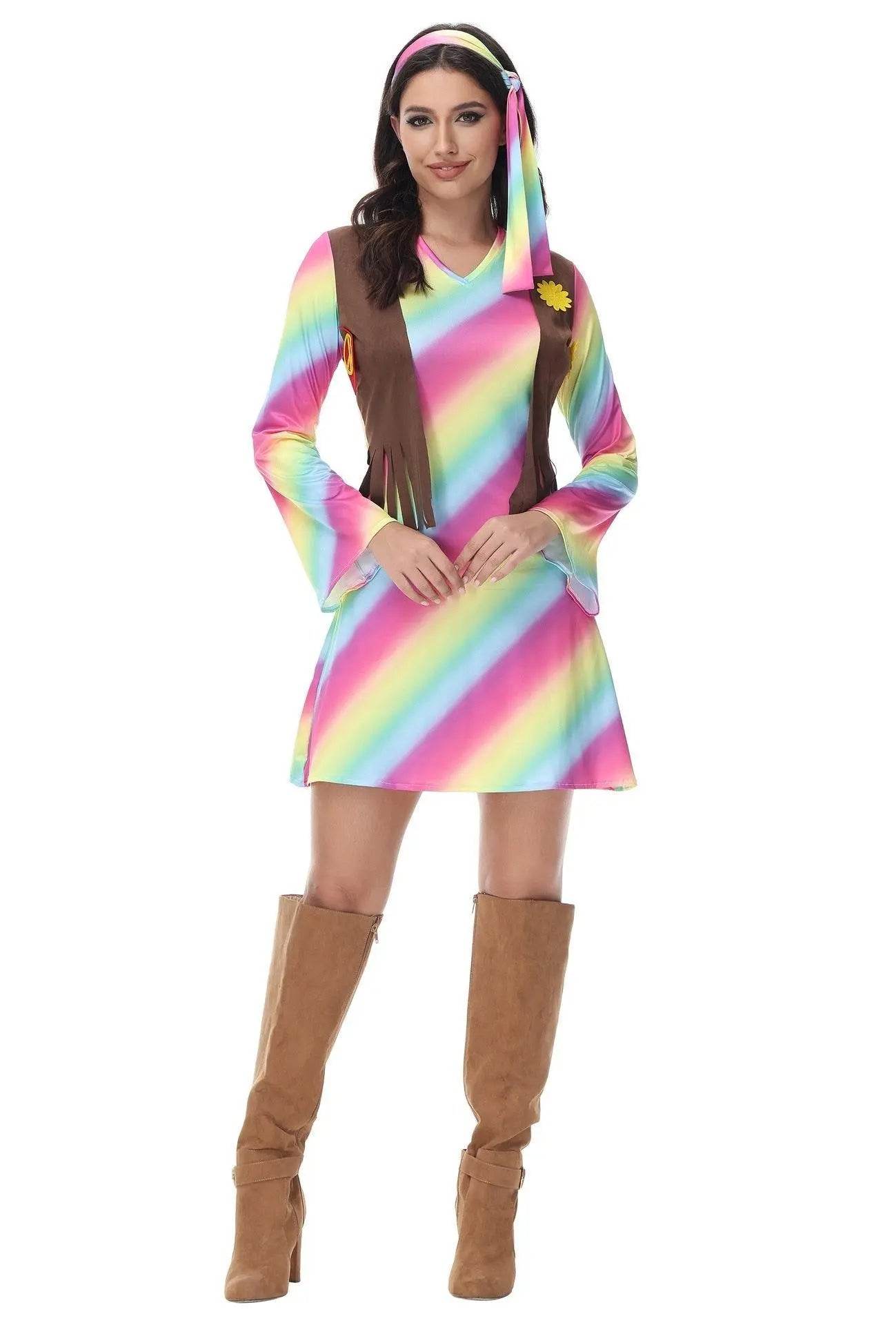 Halloween cosplay Adult retro 70s disco Hippie Fancy Dress Costume - Ecosfun