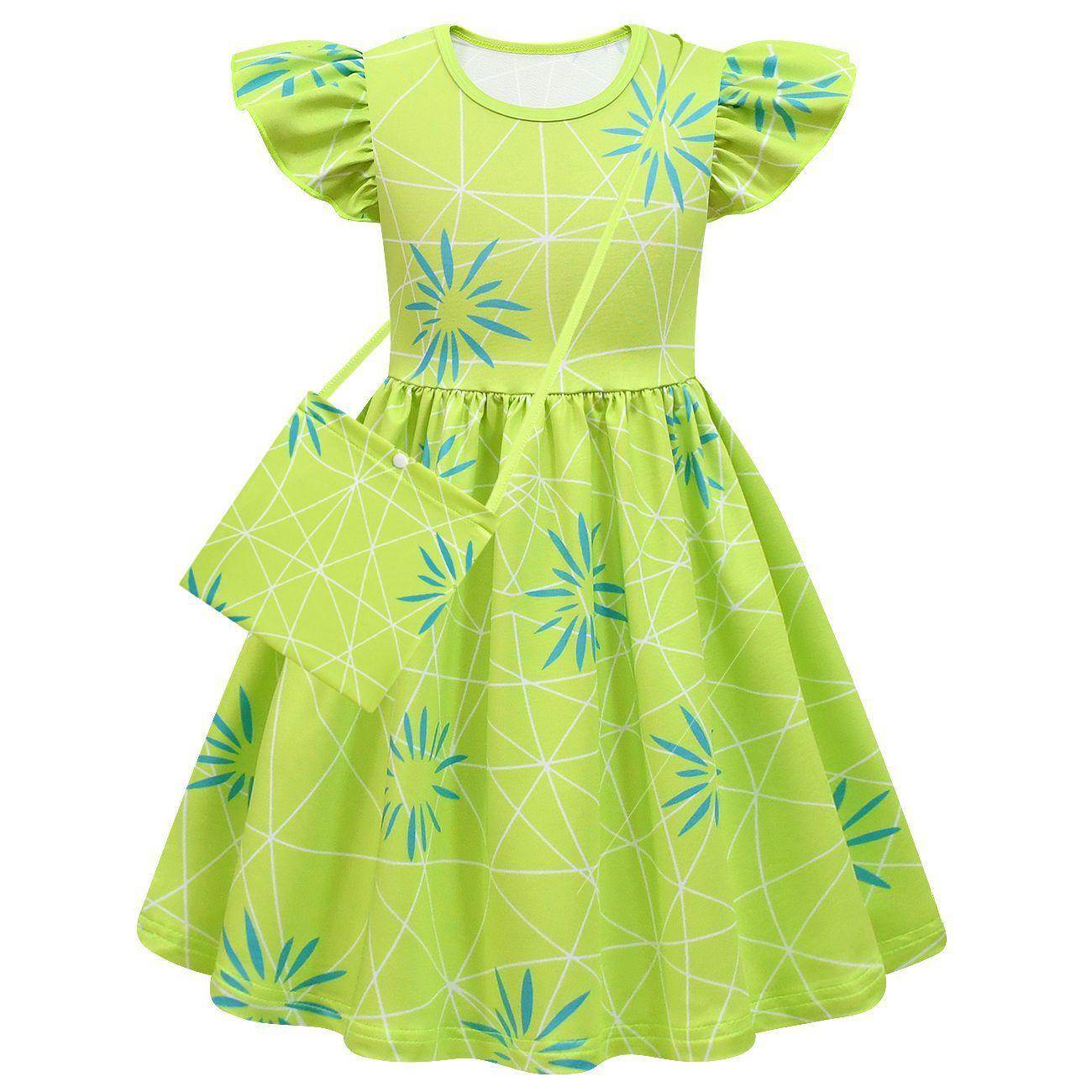 Inside Out Joy Cosplay Costume Dress for Girls Flutter Sleeve A Line Dress with Bag - Ecosfun