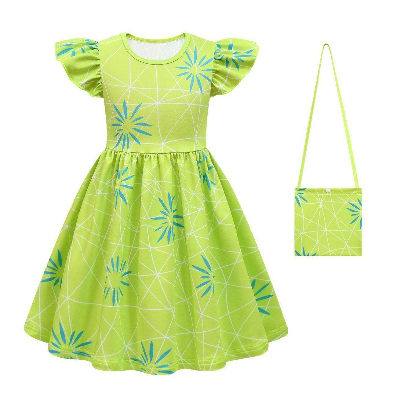 Inside Out Joy Cosplay Costume Dress for Girls Flutter Sleeve A Line Dress with Bag - Ecosfun
