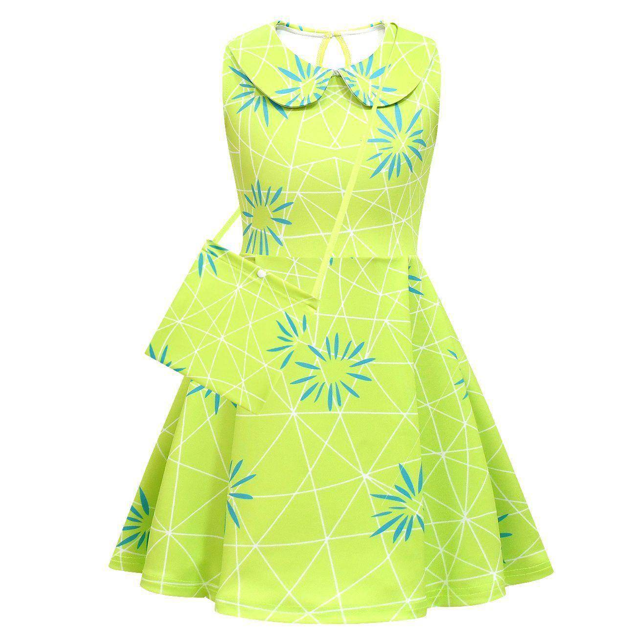 Inside Out Joy Costume Collared Dress for Girls Sleeveless Dress with Bag - Ecosfun