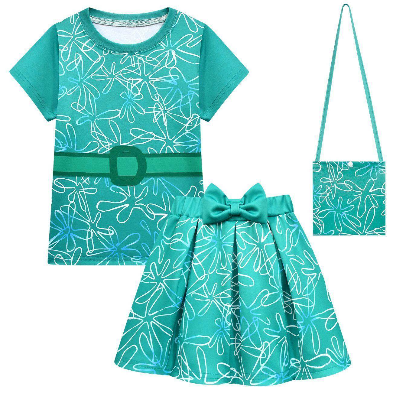 Kids' Inside Out Disgust Cosplay Costume Set Short Sleeve Pleated Dress with Bag - Ecosfun