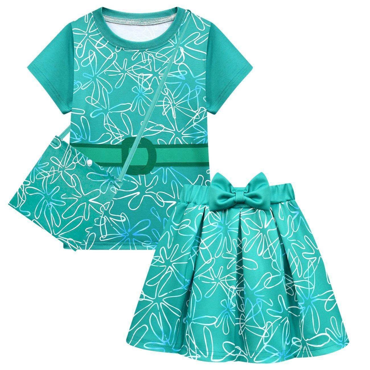 Kids' Inside Out Disgust Cosplay Costume Set Short Sleeve Pleated Dress with Bag - Ecosfun